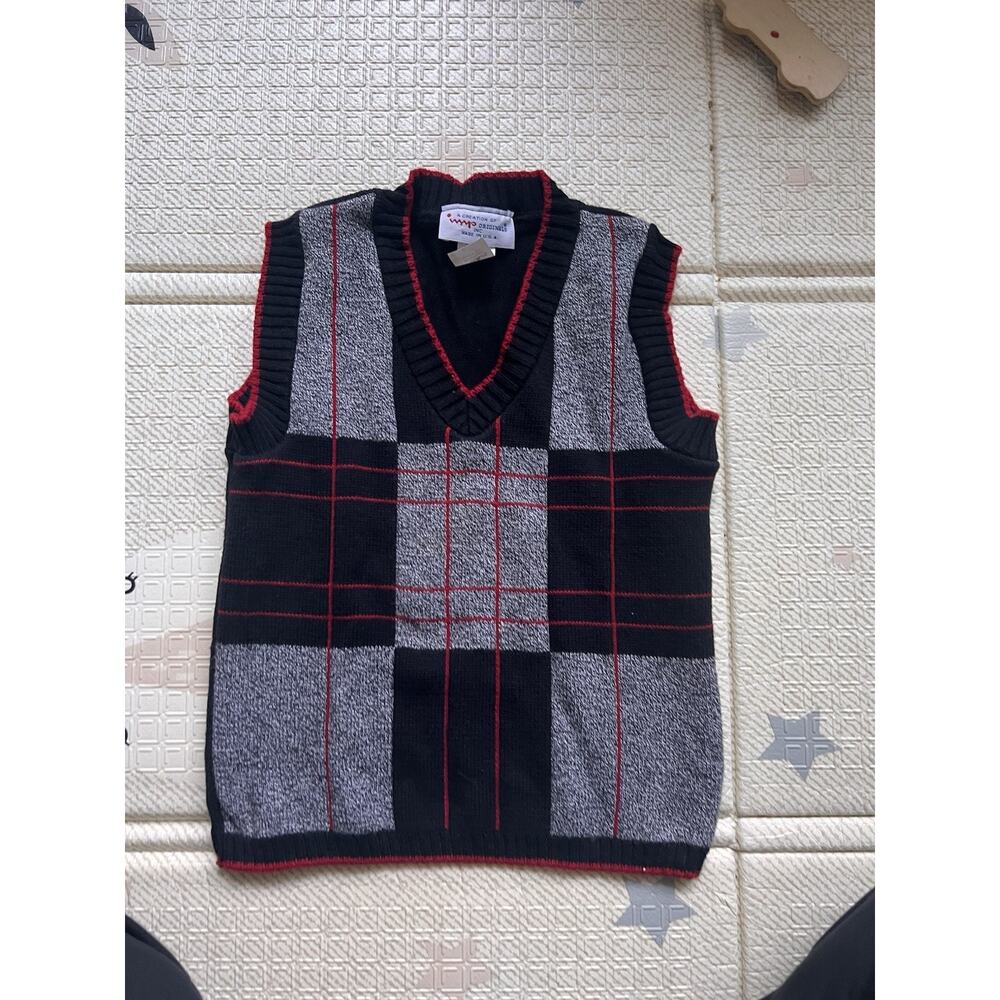 IMP Originals Sweater Vest Toddler Boy 4T Red Plaid Christmas Neck USA Made 90s
